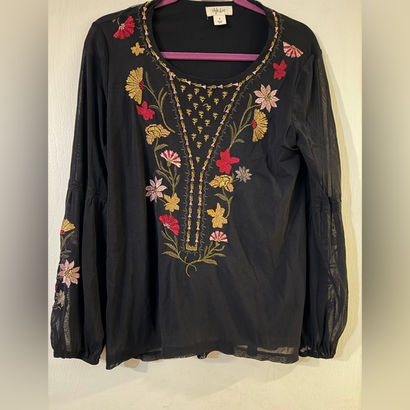 Style & Co. Tops - Style & Co. Black Top with Colorful Floral Embroidered Sz S